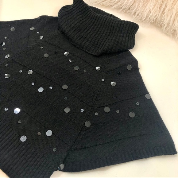 Dressy Sweater Cowl Neck Cropped Paillettes Holiday Evening Black Medium M - Picture 7 of 10